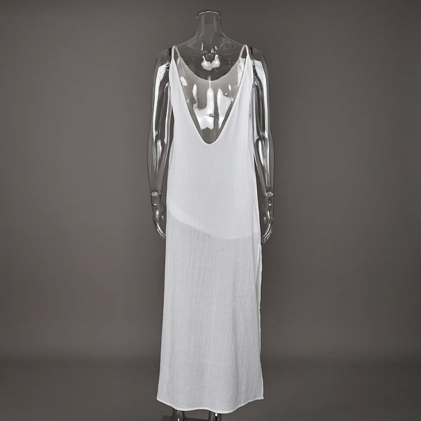 HiLoc Casual Loose White Long Dress Robe 2025 New Summer V Neck Dresses For Women Spring Sleeveless Straight Robes Nightgown