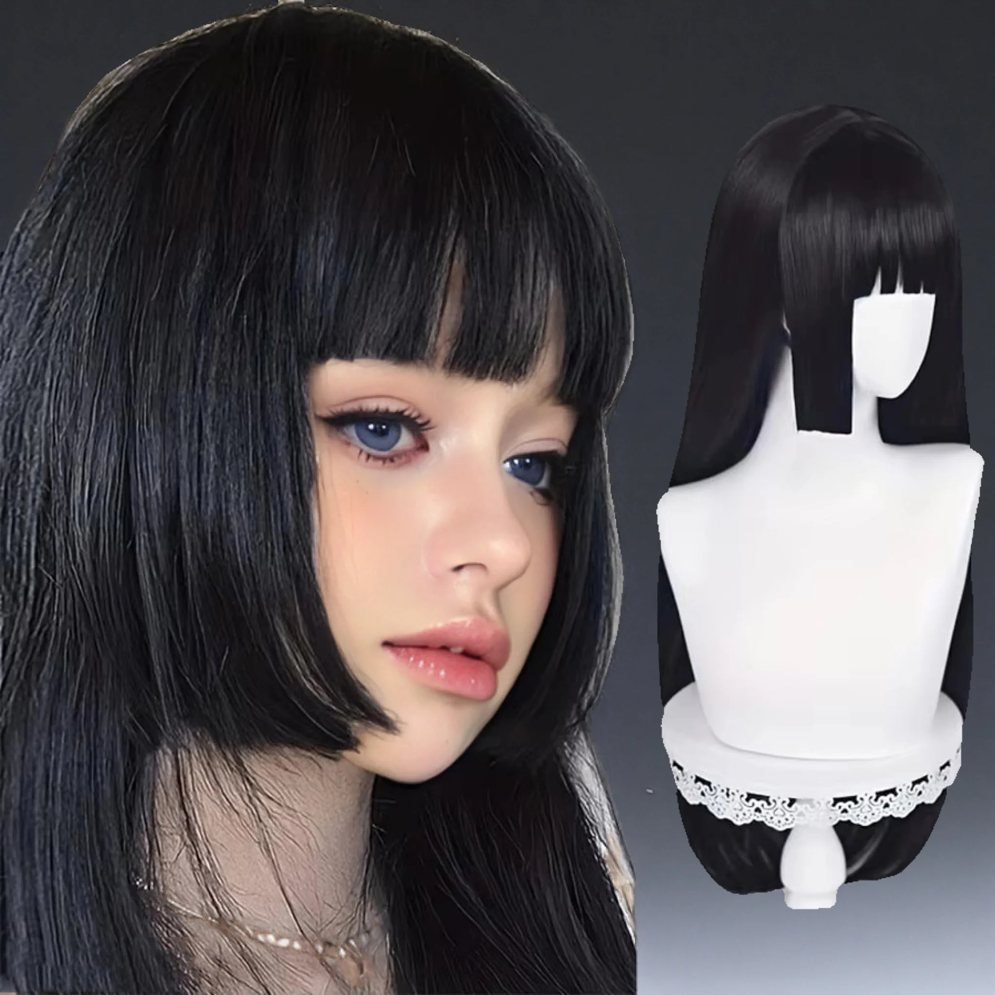 Natural Long Straight Synthetic Black Wig With Bangs Lolita Cosplay Hair Wigs For Women Heat Resistant Fiber Daily Party Wig Fem