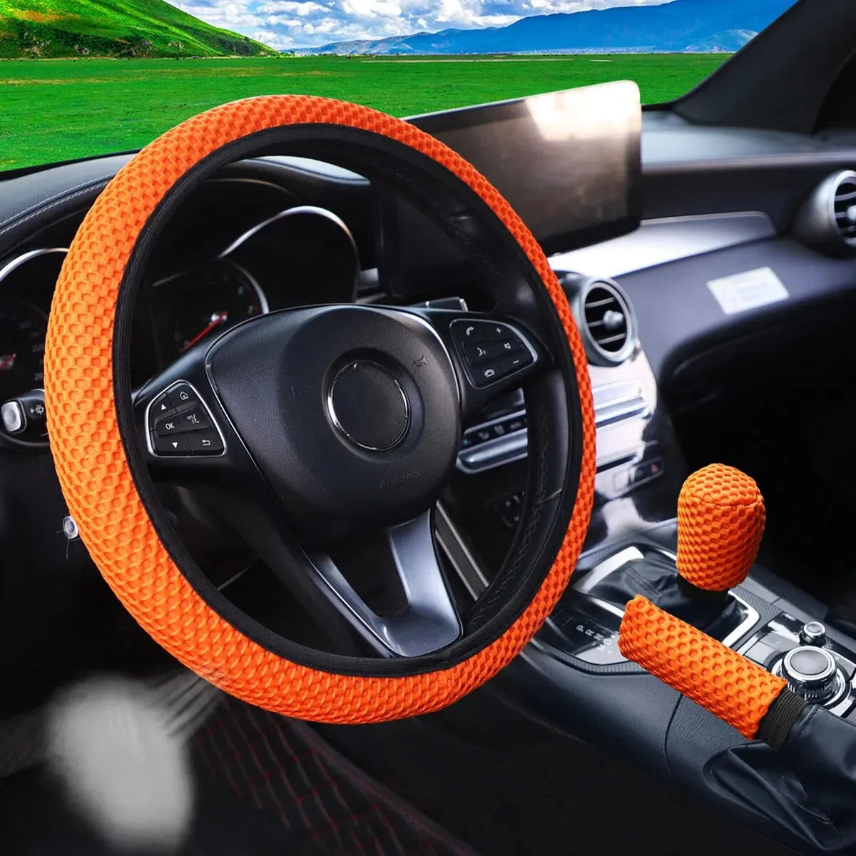 3 Car Massage Mesh Cloth Steering Wheel Cover Handbrake & Handle Cover Set Breathable No Inner Ring for 14.5-15 Inch Accessories
