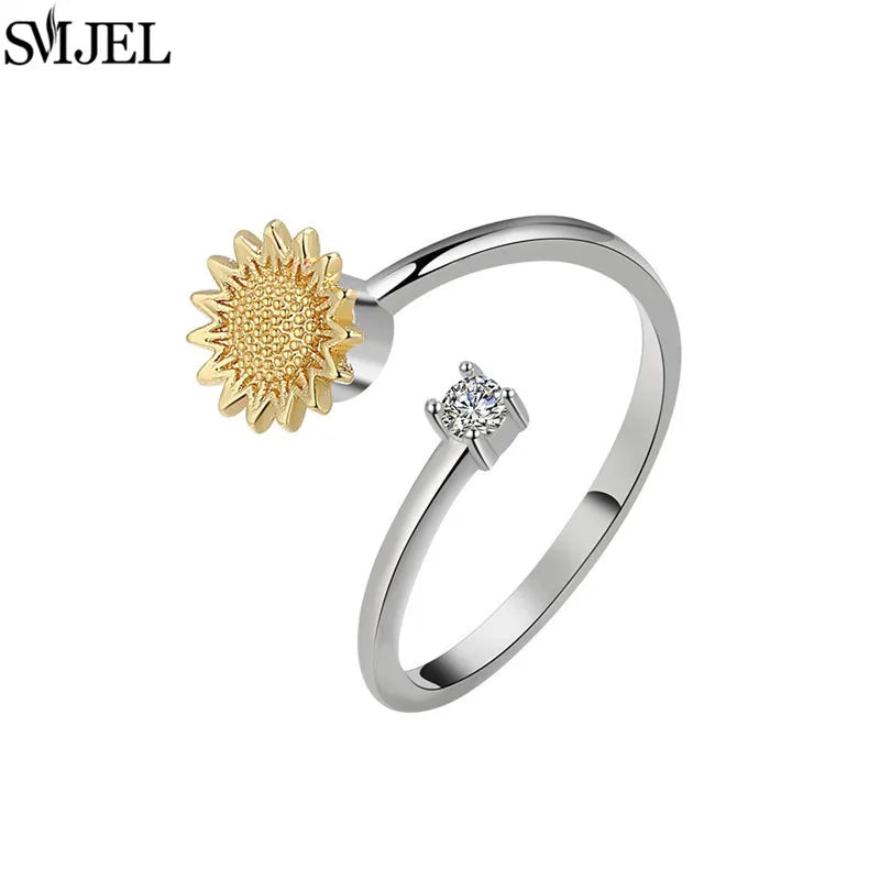 Ethnic Fashion Daisy Flower Anxiety Ring Adjustable Women Girls Worry Stress Relief Jewelry Spinning Fidget Rings Party Gifts