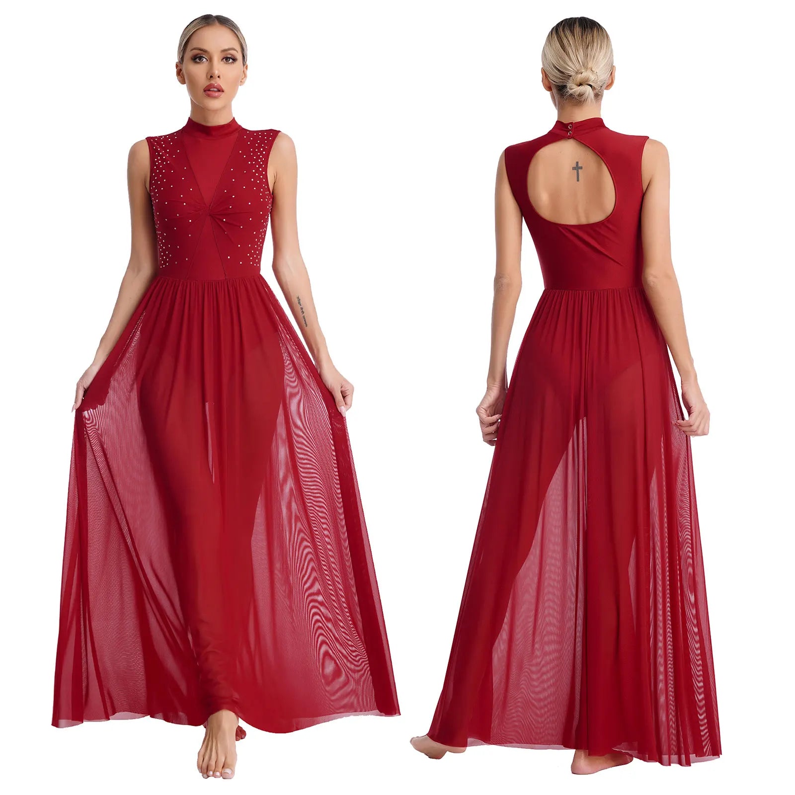 Womens Ballet Lyrical Dance Dress Cutout Back Full Length Overlay Leotard Costume Latin Rumba Tango Maxi Dress Long Dancewear