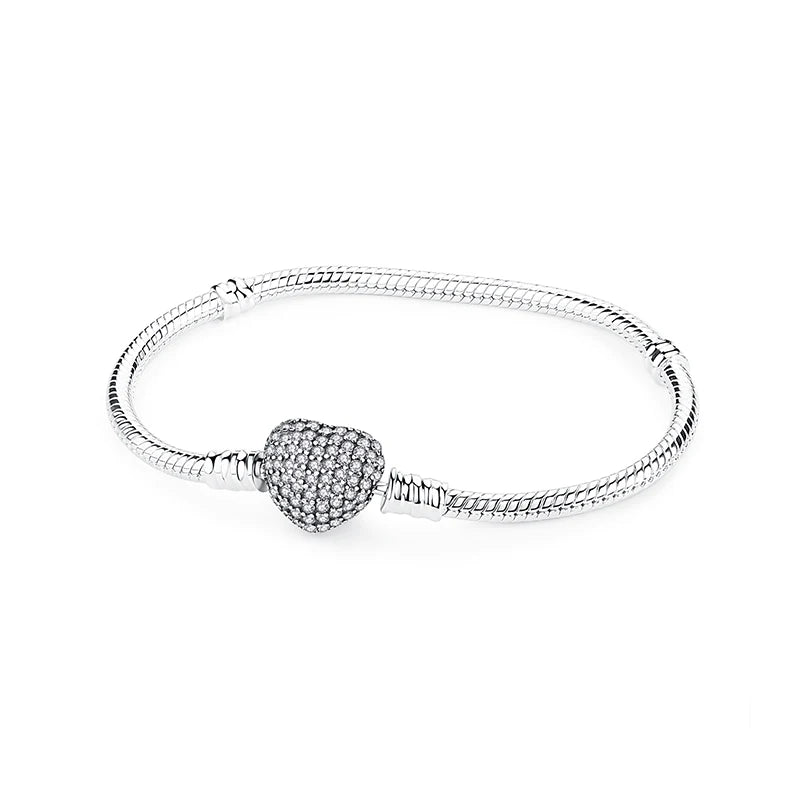 Original 925 Sterling Silver Bracelets Bangles Love Heart Clip Charms Beads Snake Chains For Women Rose Gold DIY Luxury Jewelry