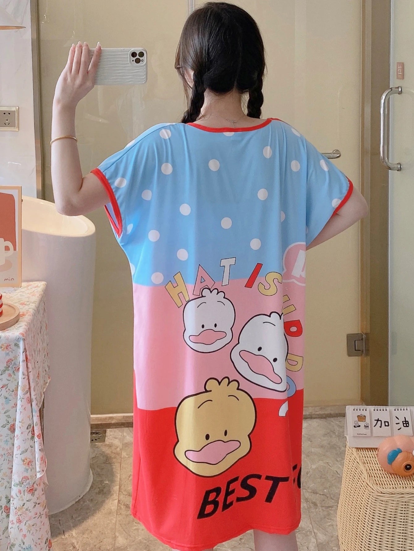 1PC, Summer And Autumn Cool Cute Girls Cartoon Nightdress, Comfortable Short-sleeved Dress, Women's Home Wear, Polyester Pajama