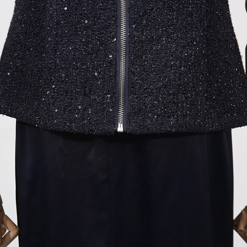 VGH Chic Two Piece Sets for Women Stand Collar Short Sleeves Spliced Pocket Tweed Top High Waist Maxi Skirts Vintage Suit Female