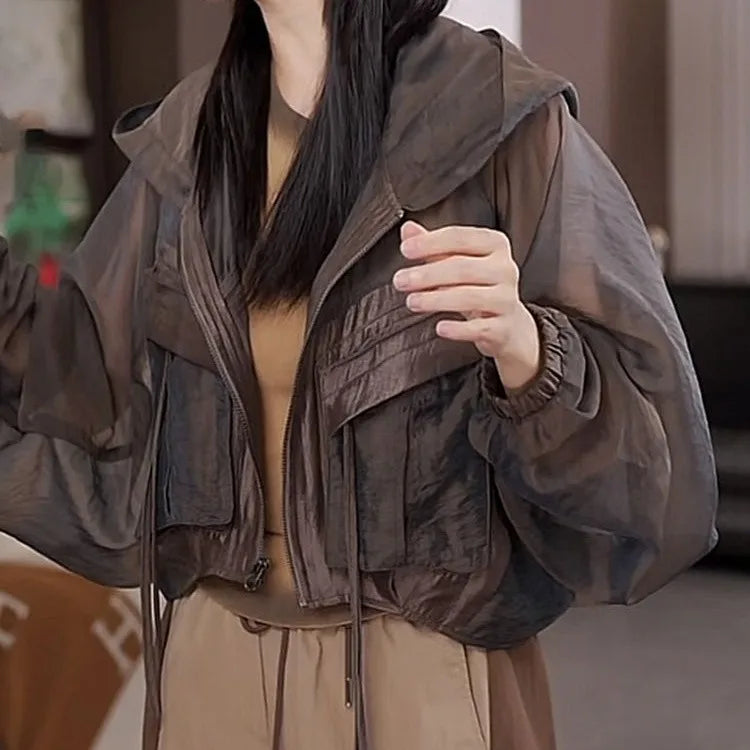 Design Pocket Sunscreen Jacket Women 2025 Summer Fashion Breathable Sun Protection Coat Loose Large Size Hooded Short Jacket