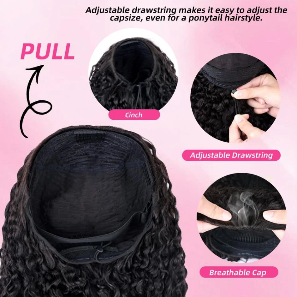 Burmese Curly Human Hair 3 IN 1 Half Wigs Glueless Wig Human Hair For Women Half Wig Drawstring Headband Wig Brazilian Hair