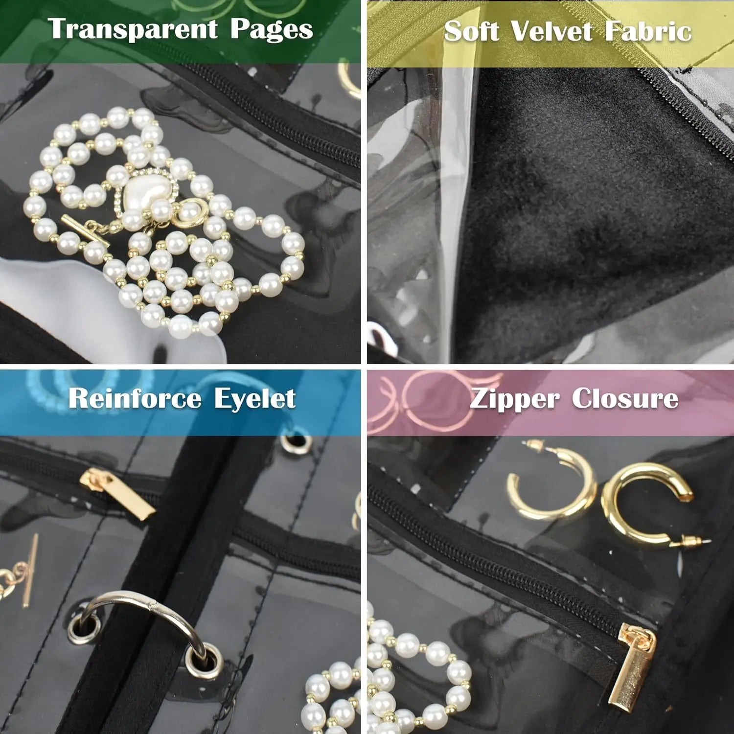 Travel Jewelry Organizer Case,Jewelry Bags Jewelry Storage Book Binder with Clear Zipper Velvet Pouch for Traveling,Earrings