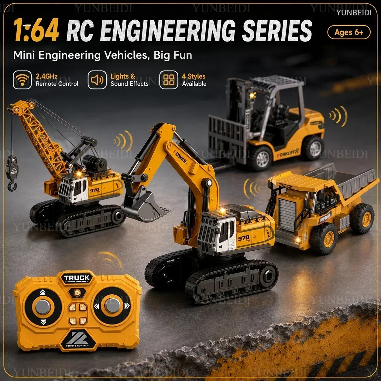 1:64 RC Mini Alloy Car Forklift with Trailer Excavator Desktop Game 2.4G Remote Control Engineering Lift Truck Child's Toy Gifts