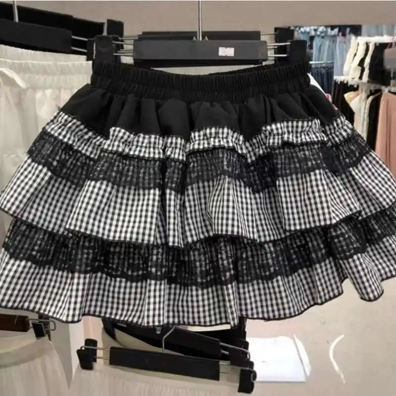 2025 Spring Summer Sweet Cute Lace Patchwork Plaid Cake Short Skirt With Shorts Womem Korean Japan Preppy Style Skirts