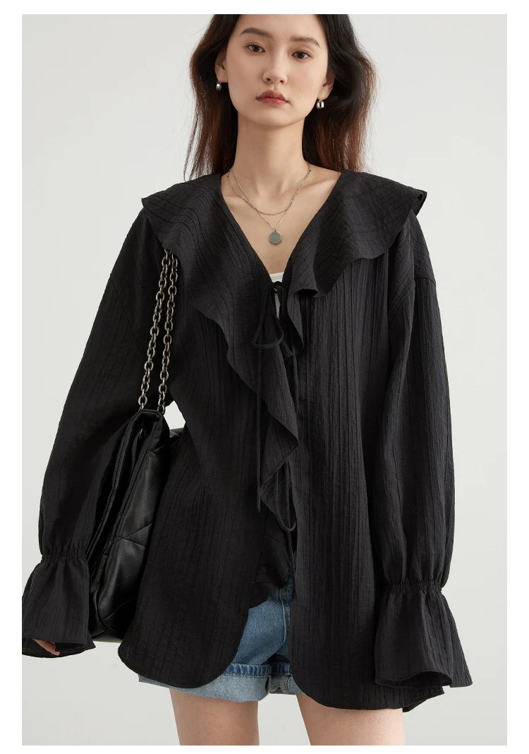 CHIC VEN Women Shirt Loose Casual Ruffled Edges Female Blouses V Neck Lace Up Mid Length Woman Shirts Spring Summer 2026
