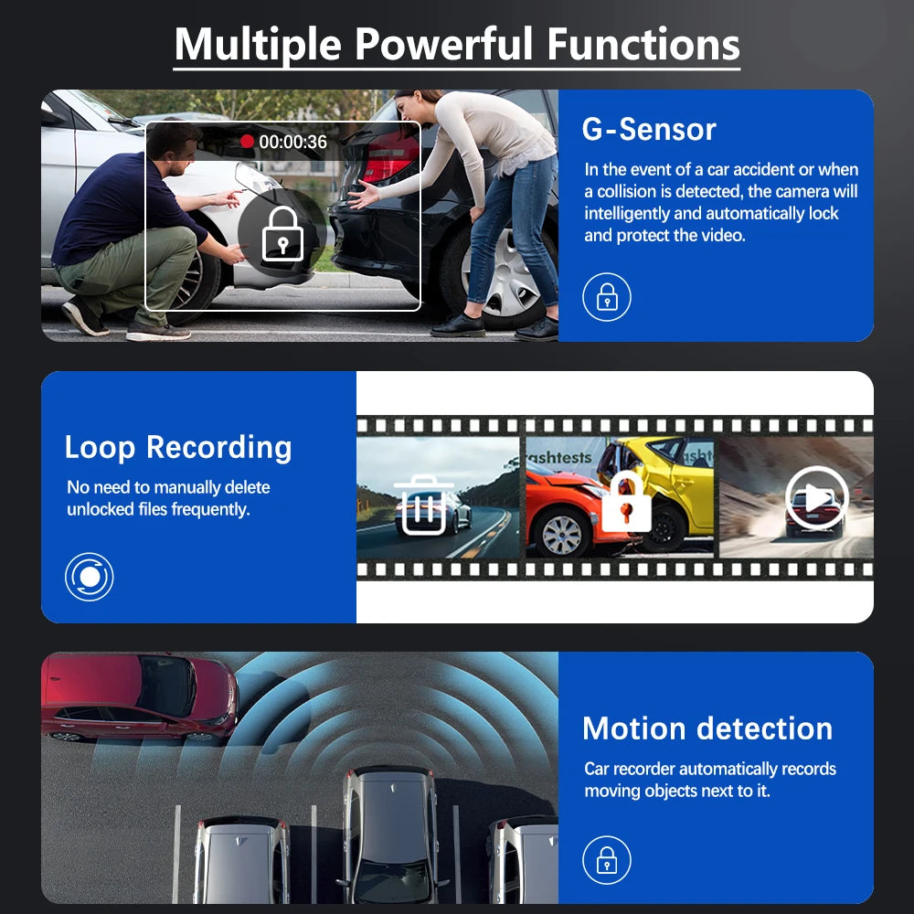 Dash Came For Cars 3 Channels FHD1080P Driving Recorder Car DVR Night Vision Loop Recording G-sensor Tachograph Dashboard Camera