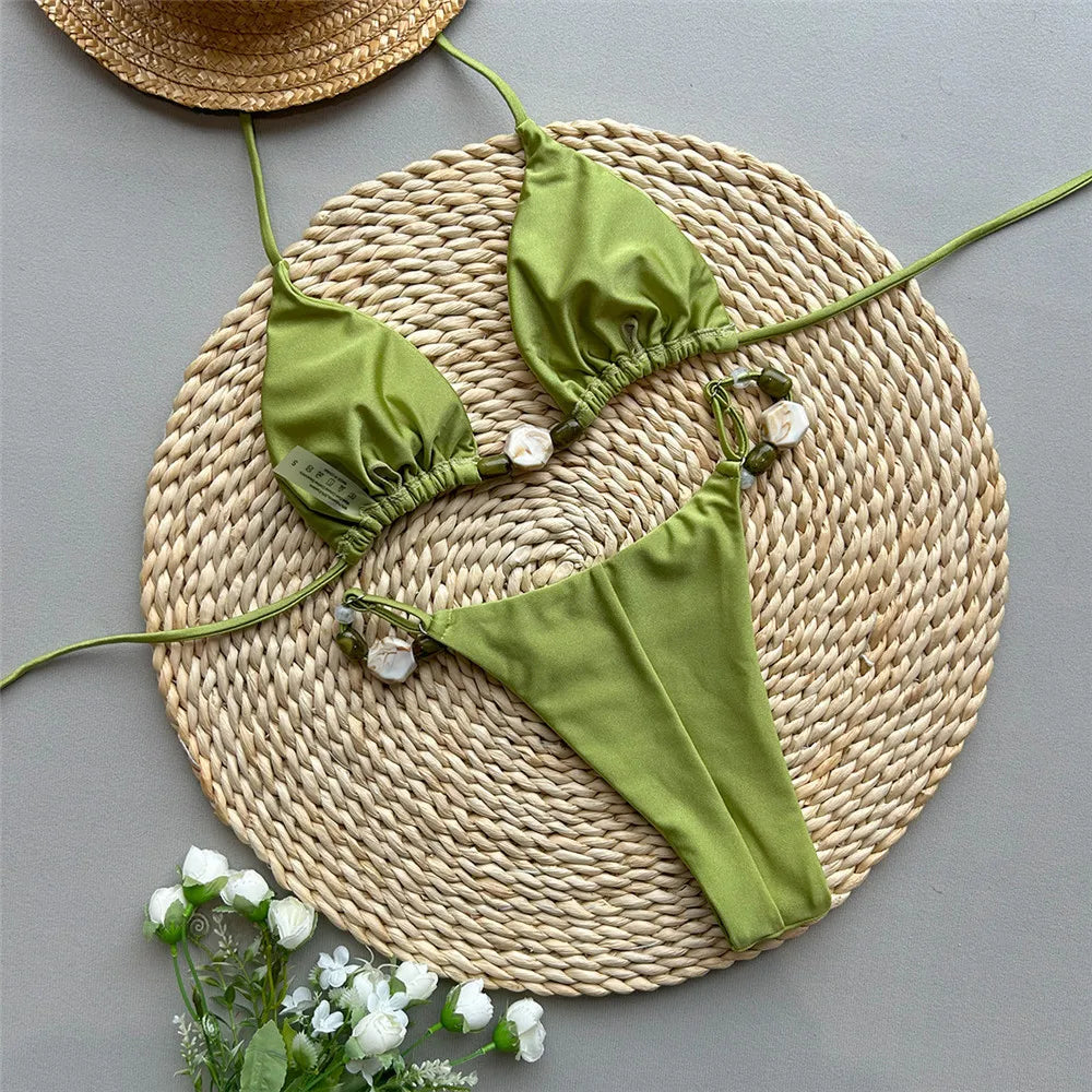 Solid Green Swimwears Sexy Halter Triangle Bead String Bikini Mini Micro Thong Swimsuit Woman 2026 Summer Brazilian Bikinis Sets