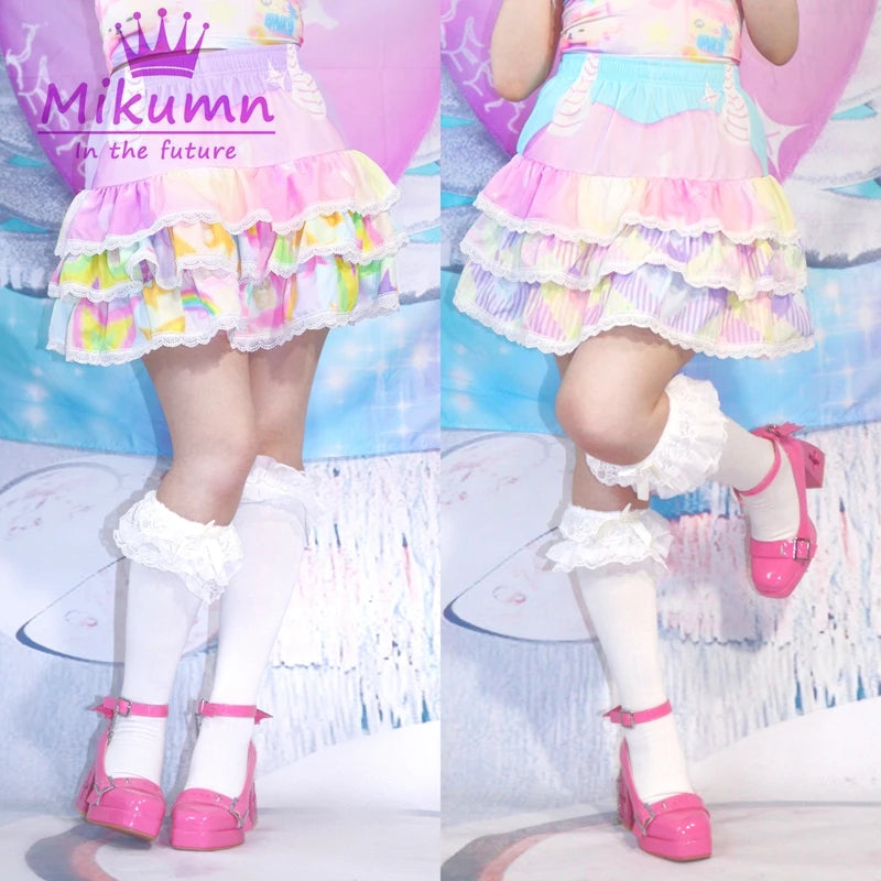 Harajuku Y2K White Blue Purple Lace Cake Skirt Womem Japanese Elastic Waist Pleated Skirt Ball Gown Kawaii Lolita Mini Skirt