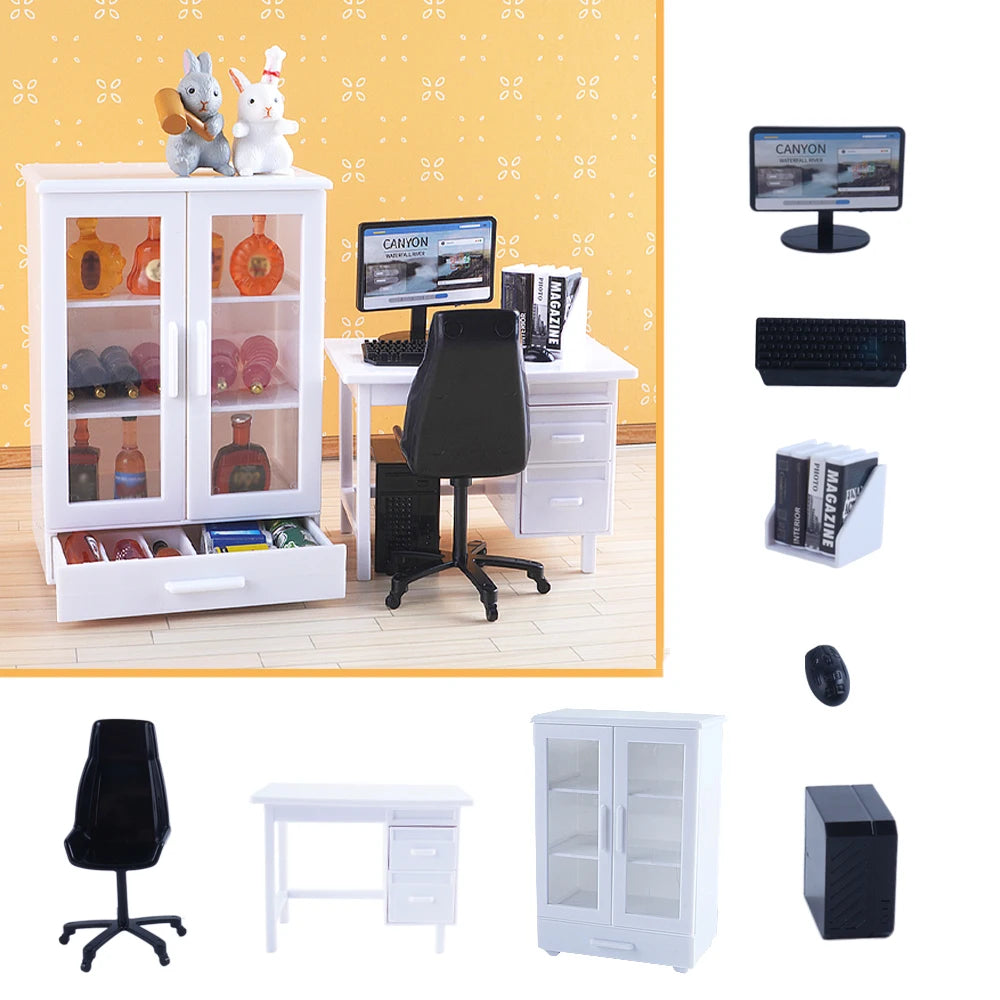 1:12 Dollhouse Miniature Office Furniture Set Simulation Computre Desk Model Bookshelves Doll House Decoration Accessories