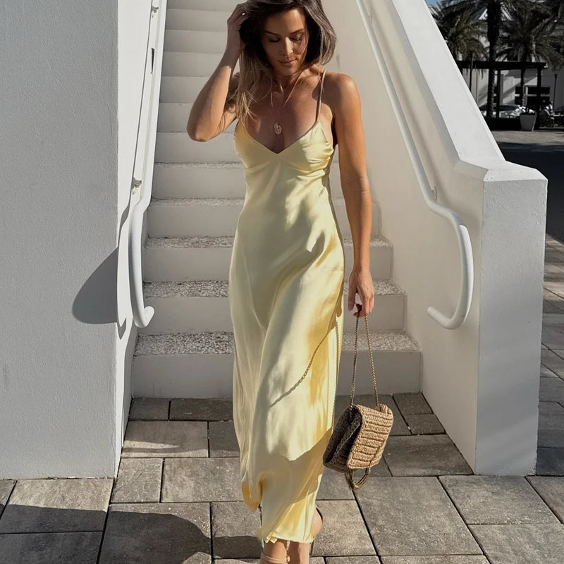 HXAO Yellow Dresses Women Satin V Neck Midi Dress Summer Backless Strap Slip Dresses Elegant Evening Party Dress 2025 Vestidos