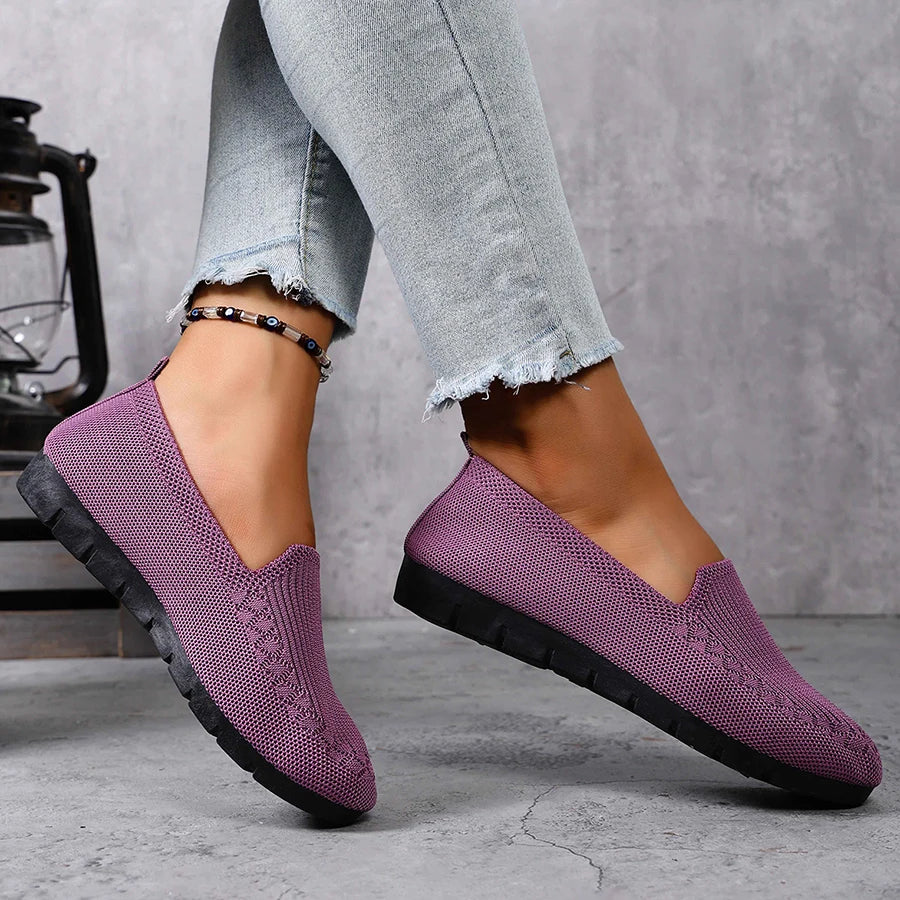 Women's Solid Color Knit Loafers Lightweight Anti Slip Flat Shoes for Casual Wear