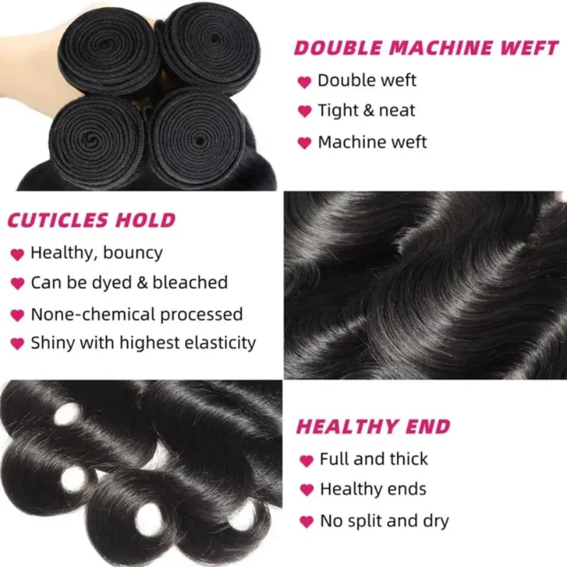 42 Inch Body Wave Human Hair Bundles Natural Black Brazilian Virgin Hair Weave 12A Unprocessed Real Human Hair Extensions Full T