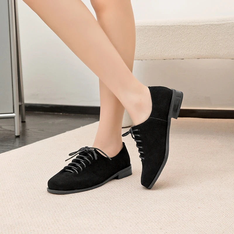 Women Loafer Lace-up 2025 New Spring Shoes Women Suede Genuine Leather Women Oxford Shoes Large Size British Style Women Shoes
