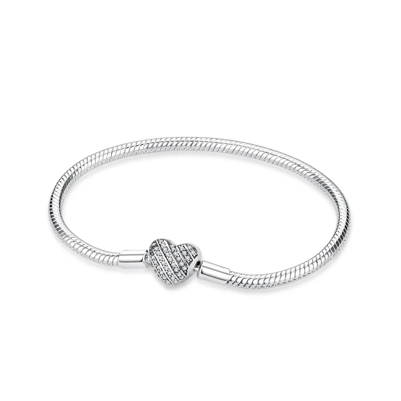 Original 925 Sterling Silver Bracelets Bangles Love Heart Clip Charms Beads Snake Chains For Women Rose Gold DIY Luxury Jewelry