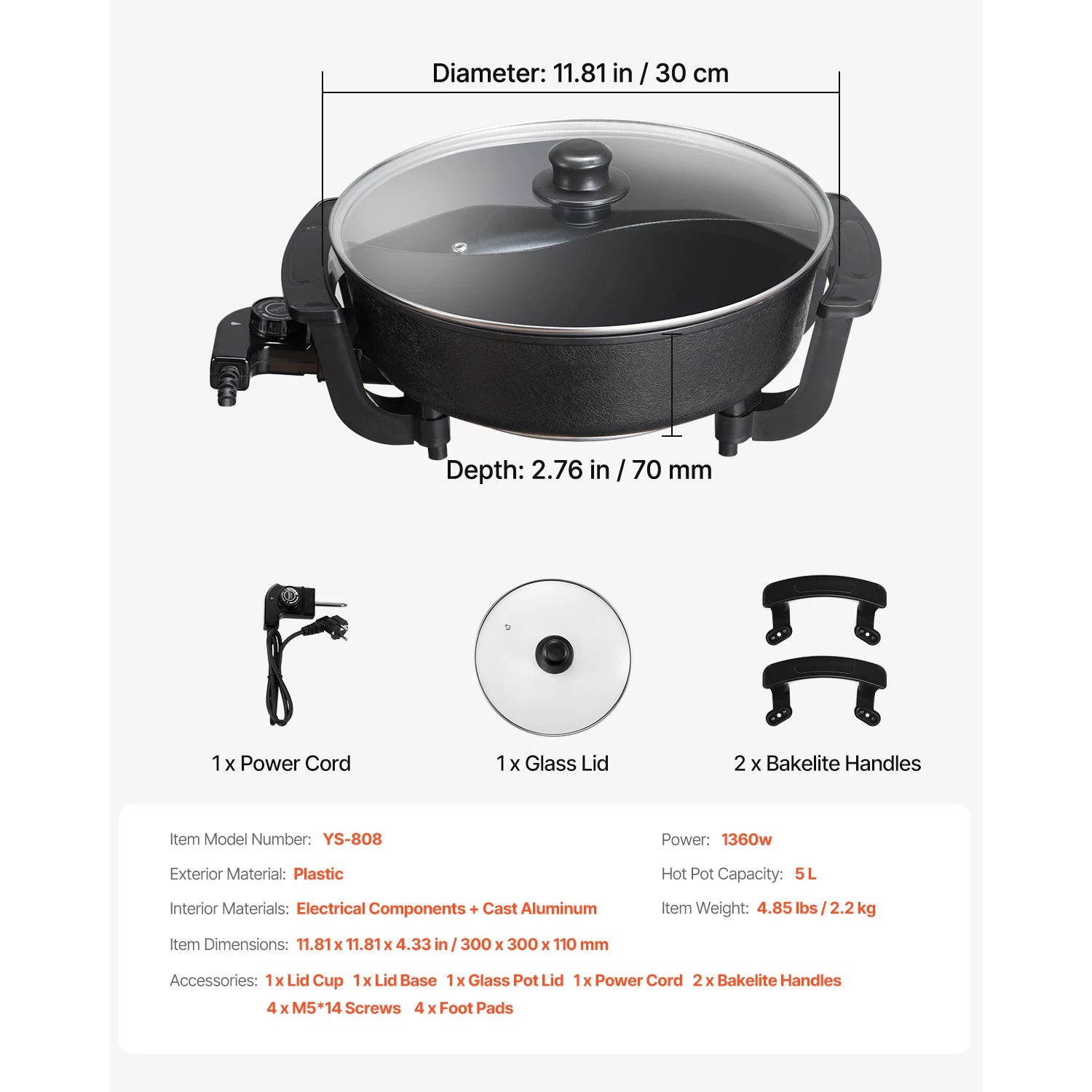 SucceBuy Electric Hot Pot 5 L Double-flavor Shabu Shabu Pot Non-Stick Electric Cooker with Divider Glass Lid for 6-10 People