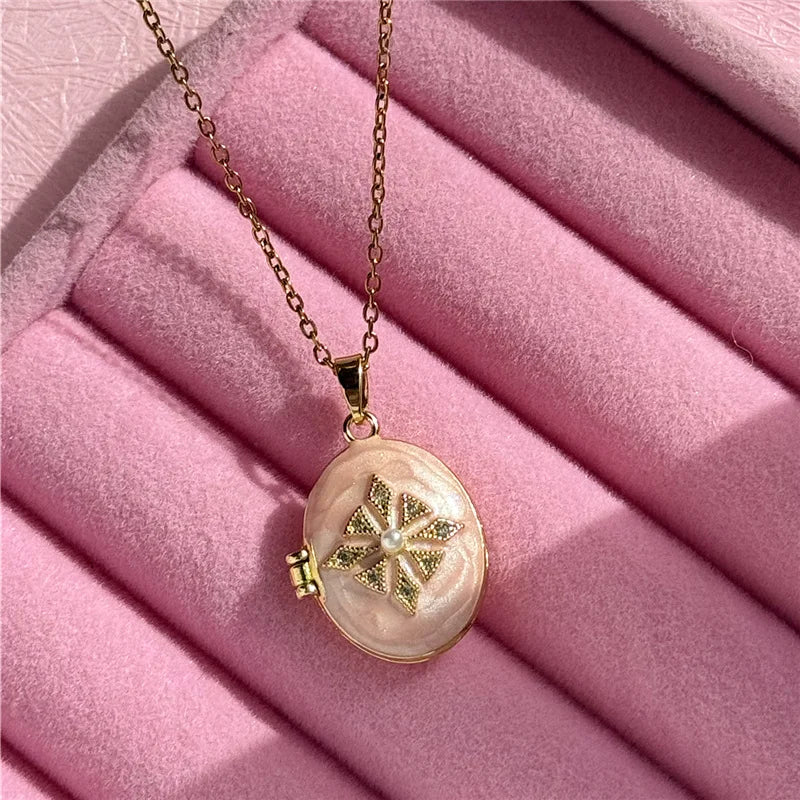 HangZhi Enamel Romantic Pink White Pearl Flower Oval Photo Frame Locket Necklace Vintage Keepsake Jewelry Gift for Women