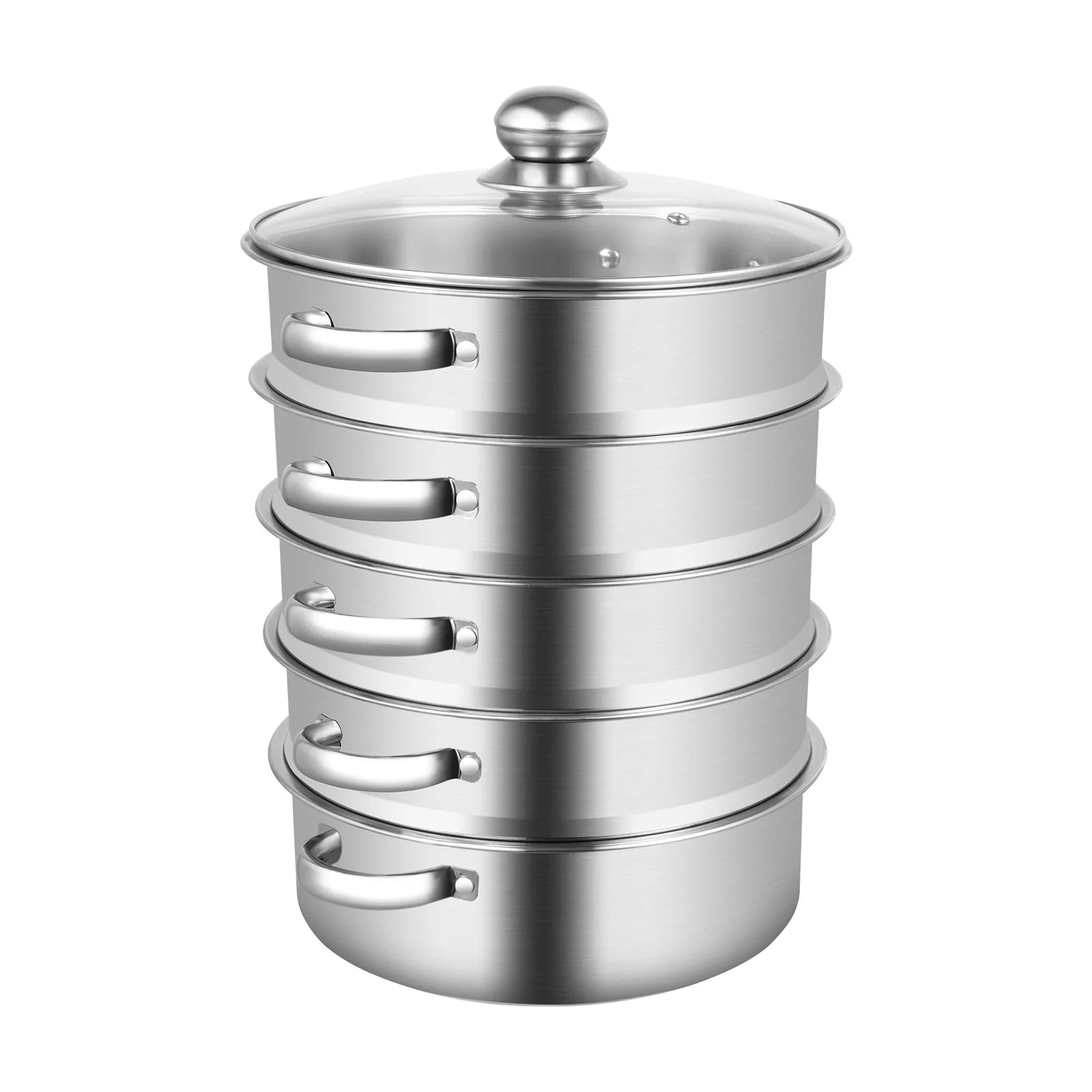 5-Layer Steamer 26cm/28cm/30cm Steam Cooker 304 Food-Grade Stainless Steel 4 Steaming Grids and 1 Cooking Pot W/ Glass Lid