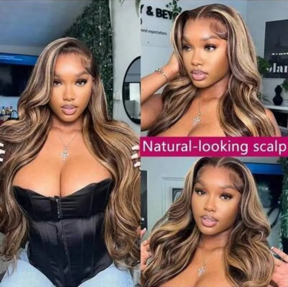 13x4 HD Highlight Body Wave Lace Front Wigs Human Hair For Women Glueless Pre Plucked 4/27 Colored 200% Density With Baby Hair