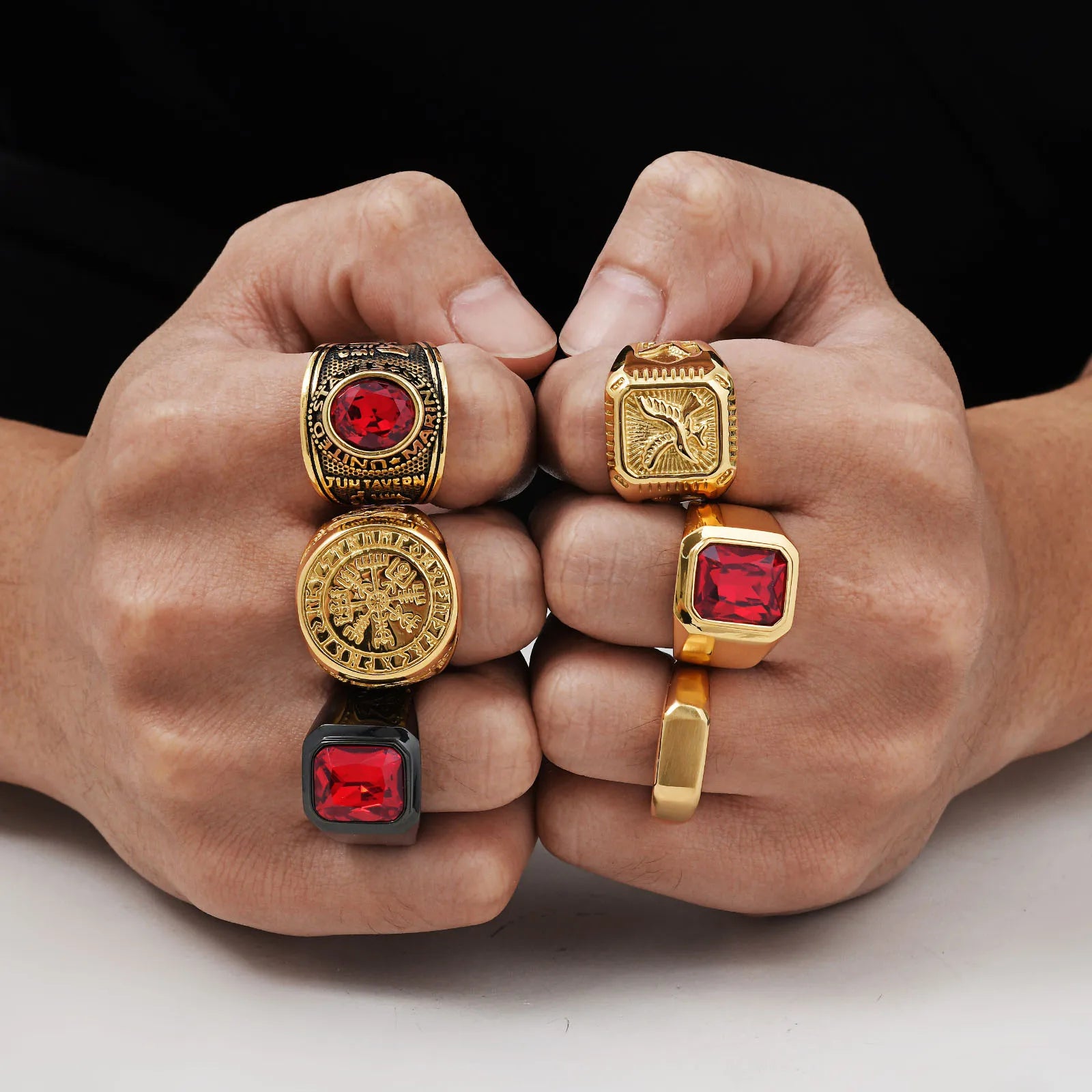 Vintage Punk Natural Red Stone Ring for Men, Gold Plated Stainless Steel Chunky Signet Ring, High Quality Fashion Jewelry Gift