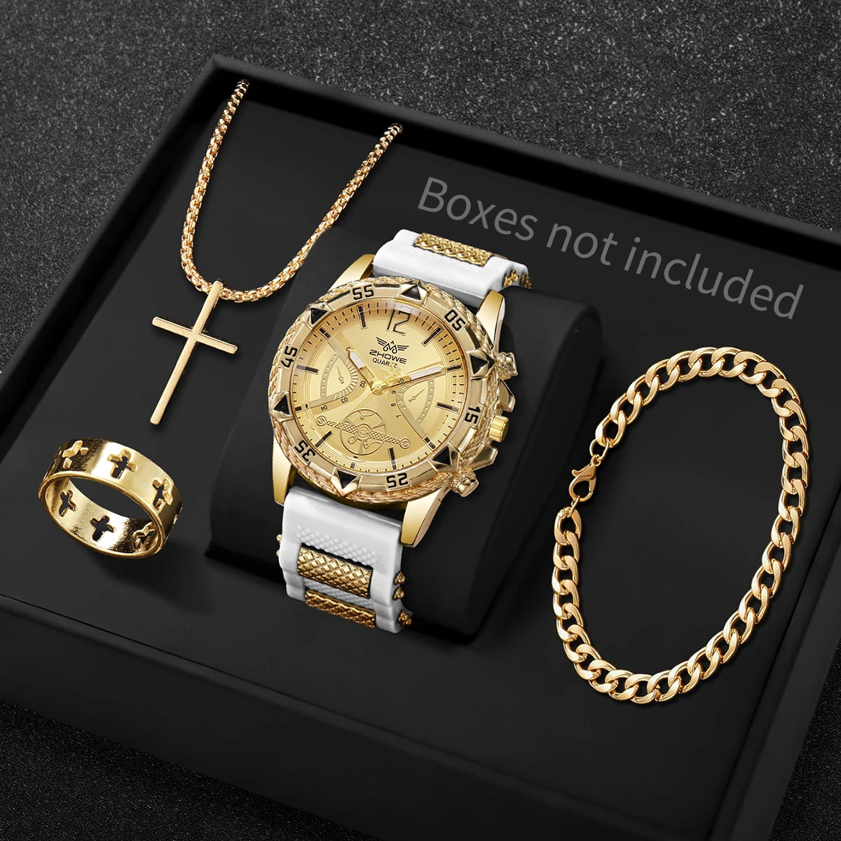 4PCS Fashion Arabic Dial Men Business Quartz Watch CasuSilicone Strap Wristwatch With Necklace Set Reloj Hombre (Without Box)