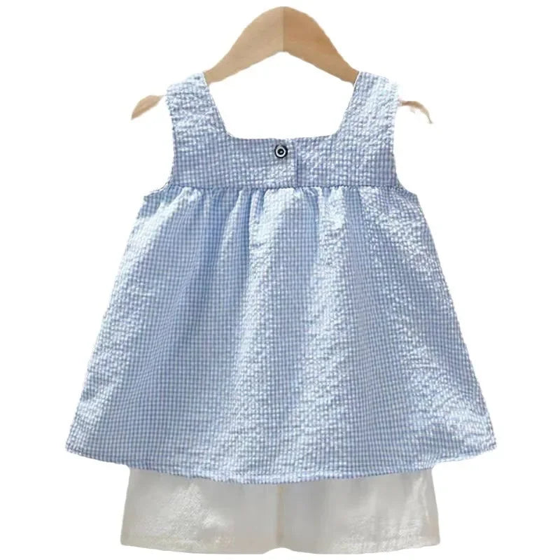 Girls Clothes Sets Summer Kids Casual Clothing for Girls Checked Straps+White Shorts Children's Baby Girl Outfit
