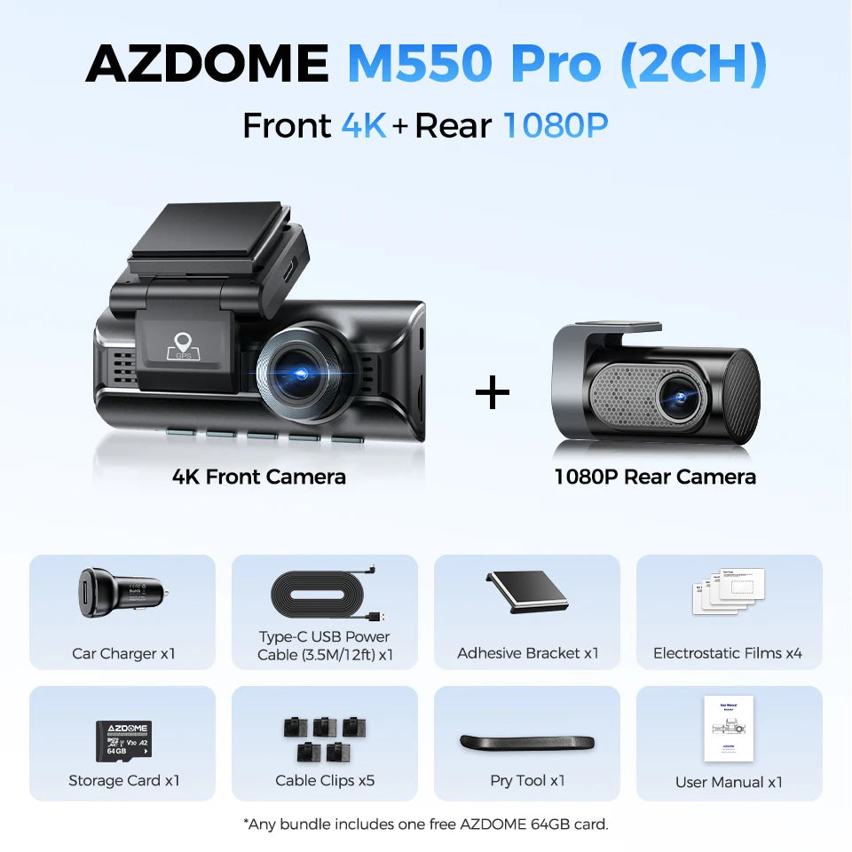 Upgrade AZDOME M550 Pro Dash Cam 4K Front Dashcam Auto 5.8Ghz Wi-Fi GPS G-sensor Car DVR 6 IR Night Vision Parking Monitor