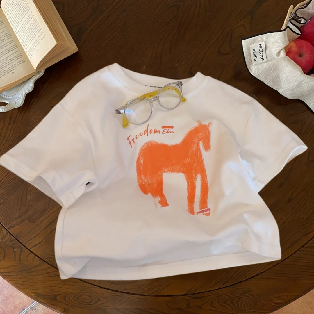 Kids Summer Loose T-Shirt Boys Girls Cartoon Print O-Neck Cotton Short Sleeve Top 1-10Y Children Korean Style Clothes