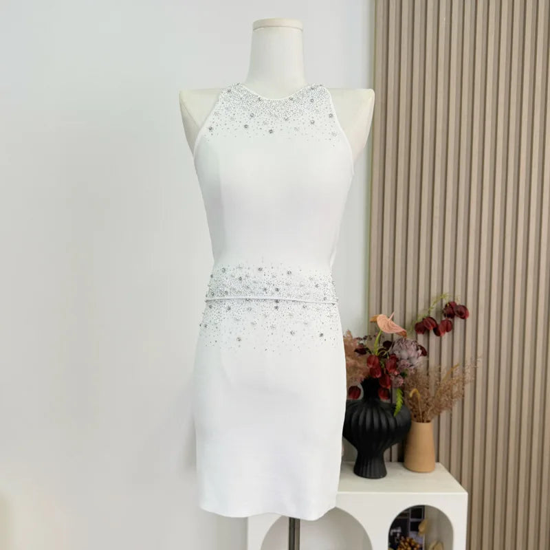 Womem Nail Bead Top + Short Skirt Two Piece Outfit Ensemble Femme High Quality French Luxury Diamonds Knitted 2 Piece Set