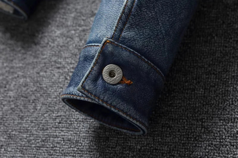 Men's Motorcycle Leather Jacket Light Blue Ami Khaki Retro Graphite Distressed Denim Genuine Leather Jacket Slim Short Jacket