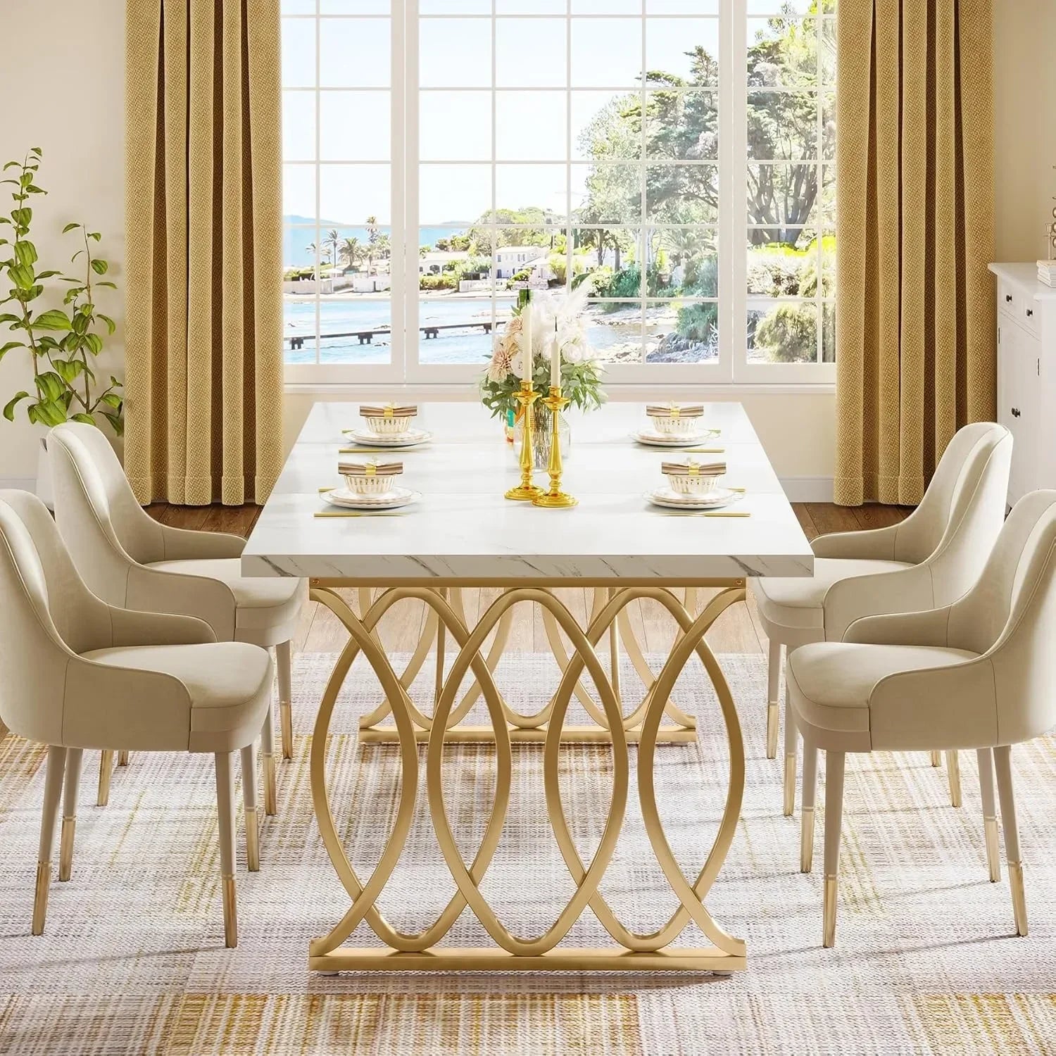 Modern Dining Table, 63" Large Kitchen Table for 4-6 People, Unique Rectangular Dinner Table Kitchen & Dining Room Furniture