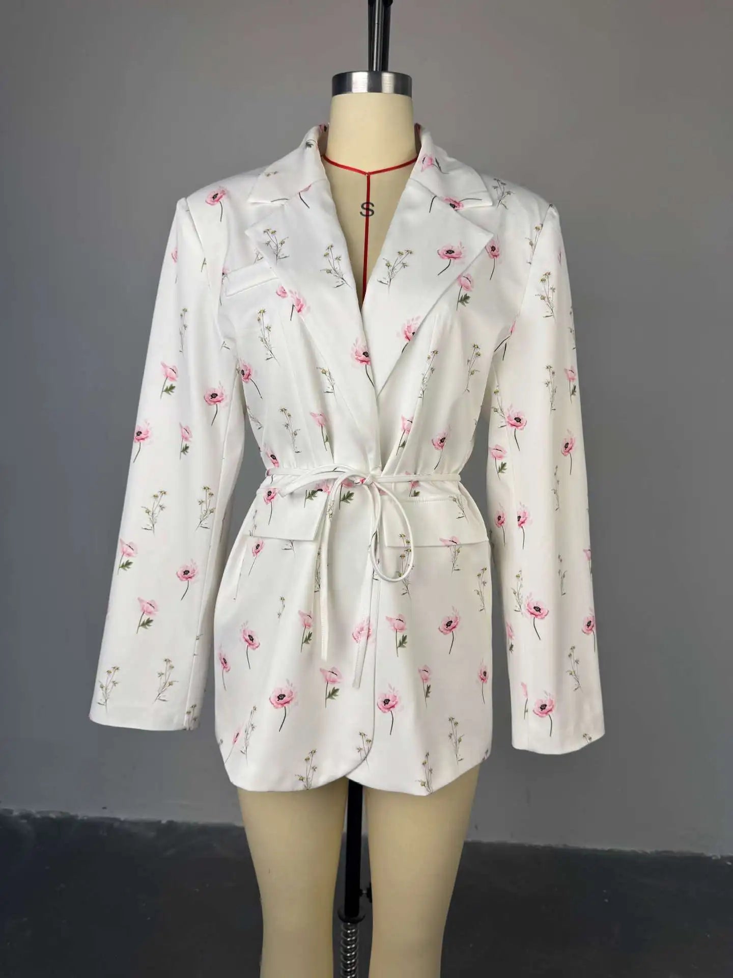 FSMG New Fashion Flowers Print Loose Suit Collar Coat For Women Elegant Belted Waist Cinching Suit Jacket Female Street Chic Top