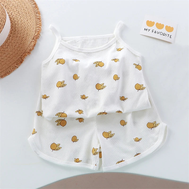 2026 New Kids Tops+shorts Set Summer Thin Baby Cotton Vest Sleeveless Loungewear Set for Girls Suit