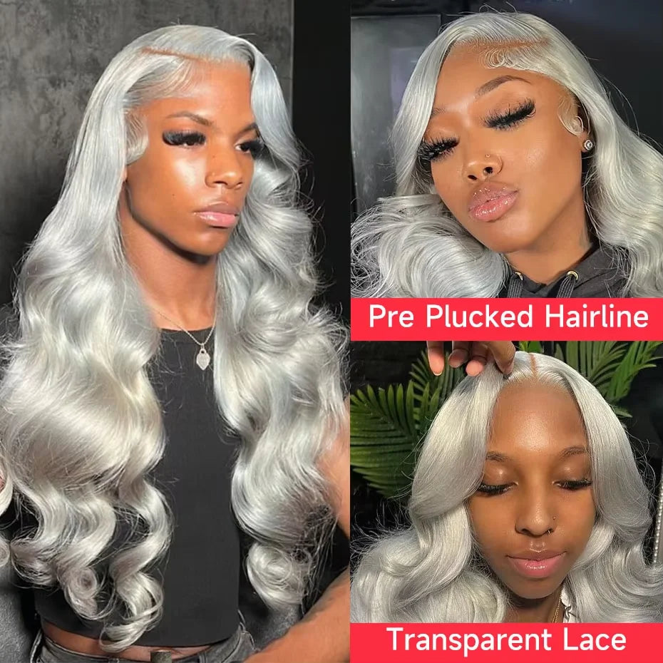 Silver Grey Brazilian Human Hair Wig 13X6 HD Transparent Lace Front Pre Plucked 28 32 Inch 200% Density Body Wave Wigs For Women