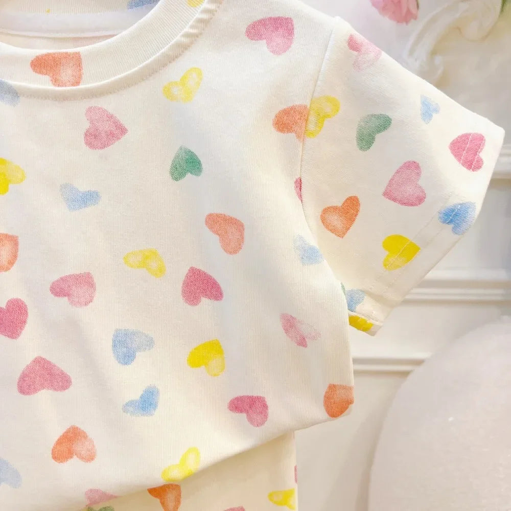 Girls Summer Colorful Printed Suit New Short Sleeved T-shirt + Trumpet Pants 2 Pcs Set Casual Clothes 2-7 Years