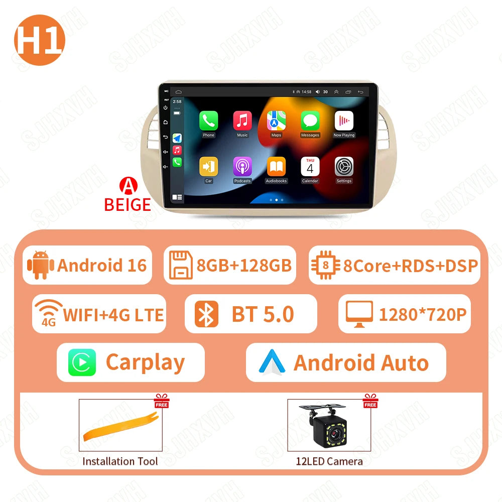Car DVD Android 16 Radio Stereo For Fiat 500 2007-2015 Auto Multimedia Player GPS Navigation Head Unit High-Performance WIFI