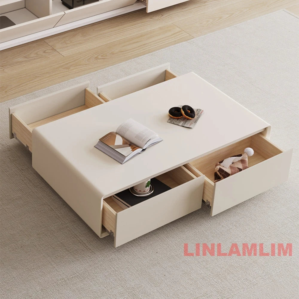 Modern White Living Room Furniture Set, Coffee Table and TV Stand with Storage Cabinets, Contemporary Entertainment Center Set