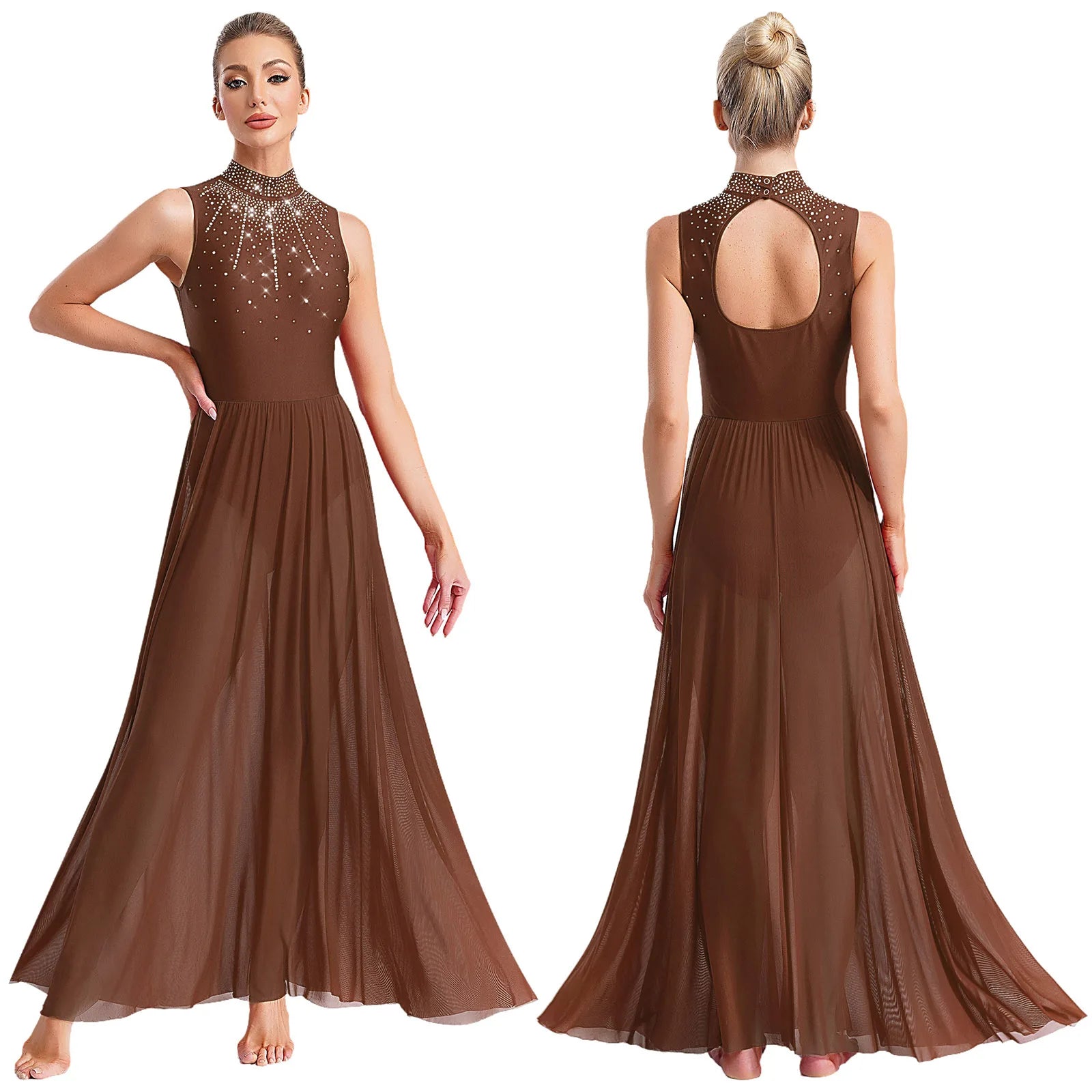 Womens Ballet Lyrical Dance Dress Cutout Back Full Length Overlay Leotard Costume Latin Rumba Tango Maxi Dress Long Dancewear