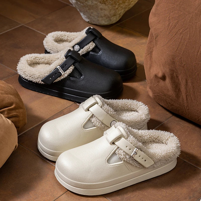 Waterproof Eva Furry Mules Slippers Women 2025 Winter Metal Buckle Warm Plush Slippers Soft Thick Bottom Non Slip Indoor Slides