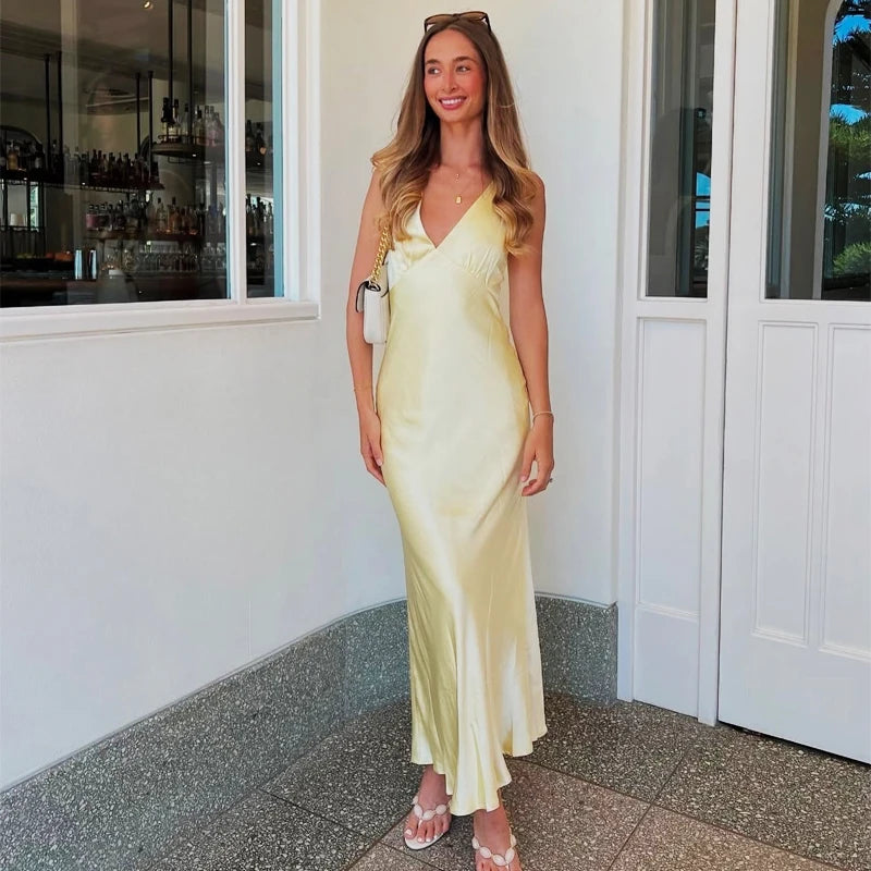 HXAO Yellow Dresses Women Satin V Neck Midi Dress Summer Backless Strap Slip Dresses Elegant Evening Party Dress 2025 Vestidos