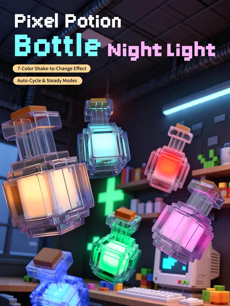 Rechargeable Night Light 7 Color Liquid Medicine Bottle Pixel Wind Peripheral Design Game Toy Bedroom Decoration Lamp Kids Gifts
