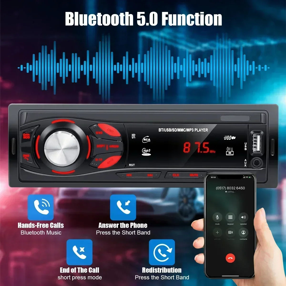 Bluetooth Enabled Stereo Car Radio, FM Receiver with MP3 & Hands-free Calling Including Card Insertion