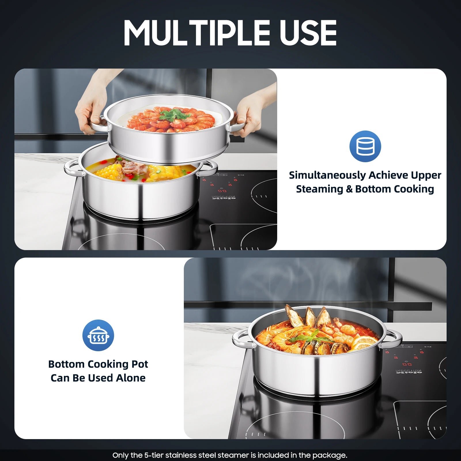 5-Layer Steamer 26cm/28cm/30cm Steam Cooker 304 Food-Grade Stainless Steel 4 Steaming Grids and 1 Cooking Pot W/ Glass Lid
