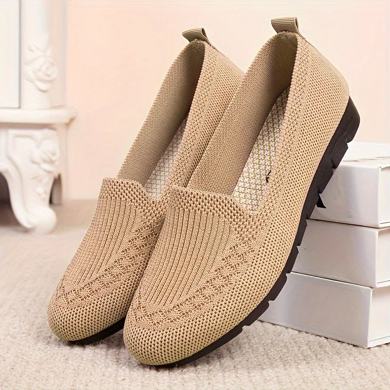 Women's Solid Color Knit Loafers Lightweight Anti Slip Flat Shoes for Casual Wear