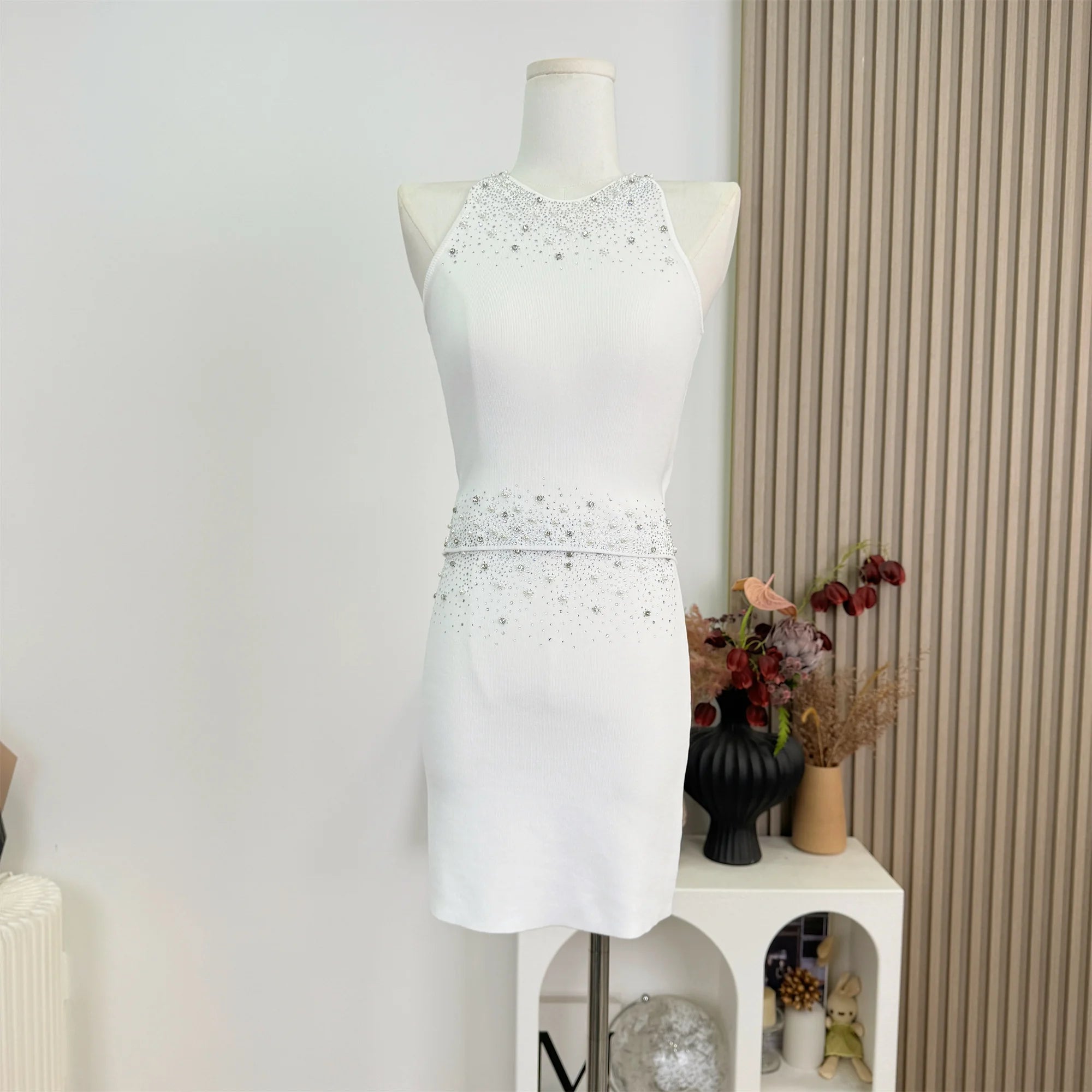 Womem Nail Bead Top + Short Skirt Two Piece Outfit Ensemble Femme High Quality French Luxury Diamonds Knitted 2 Piece Set