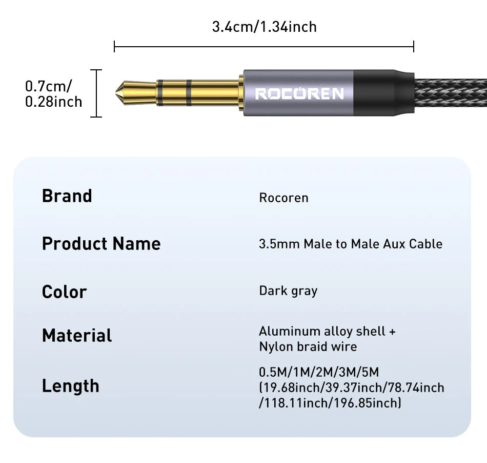 Rocoren Audio Cable 3.5 mm Jack Male to Male Aux Cable For Phone Headphone Car MP3 Speaker Computer 3.5mm Jack Aux Wire Cord 5M